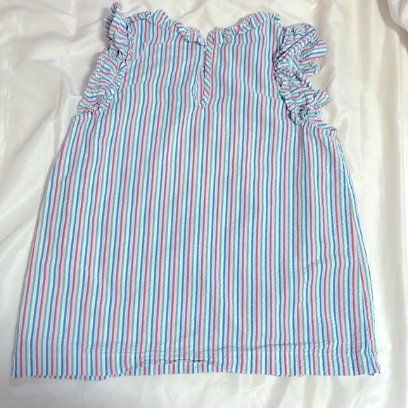 Red blue green white pinstriped ruffled girls youth 8-12 (M) short sleeved shirt - Picture 3 of 4